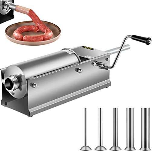 Happybuy Horizontal Sausage Stuffer 7L/15Lbs Manual Sausage Maker With 5 Filling Nozzles Sausage Stuffing Machine For Home & Commercial Use Stainless Steel - 7L/15Lbs