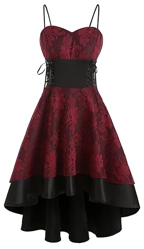 Steampunk Gothic High Low Dress for Women Vintage Floral Lace Dress Spaghetti Strap Lolita Dress Lace Up Corset Dresses - Red - Small