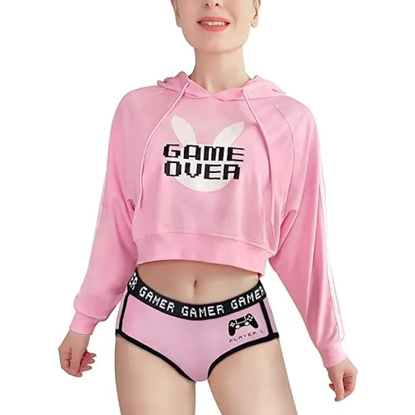 Littleforbig Women's Bunnywatch Cosplay Gaming Casual Regular Fit Long Sleeve Drawstring Cropped Hoodie Jacket Pink