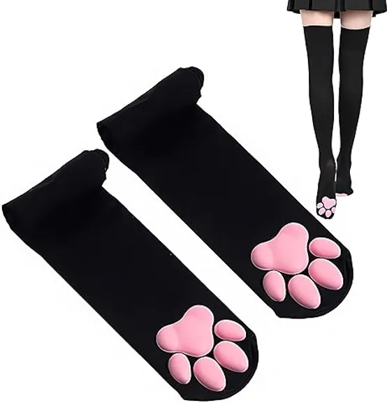 Cat Paw Thigh High Socks Golves, Girls Women Cosplay Soft 3D Toe Beans Mittens Kitten Paw Pad Stockings