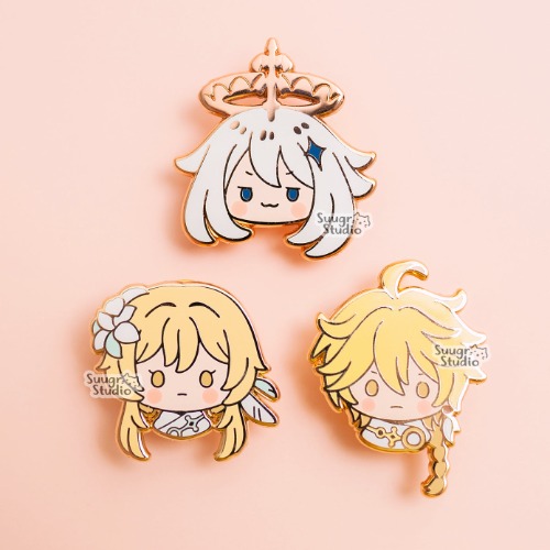 Genshin Impact Paimon Lumine Aether MC Hard Enamel Pin - Set of 3 / [A Grade] / Simple Rubber Backs