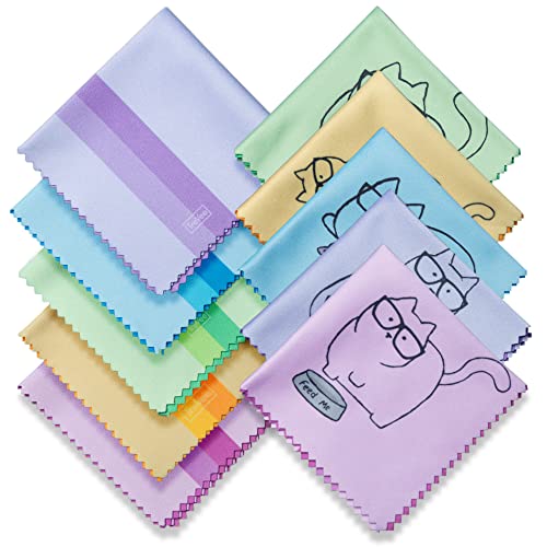 10 Pack Cute Kitty Cat Design Multicolor Microfiber Cleaning Cloths for Cleaning Eyeglasses Lenses Sunglasses and Cell Phone Beautifully Designer Colors Blue Pink Yellow Purple Green Cloth Wipes