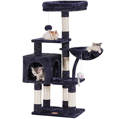Heybly Cat Tree with Toy, Cat Tower condo for Indoor Cats, Cat House with Padded Plush Perch, Cozy Hammock and Sisal Scratching Posts, Smoky Gray HCT004SG - S (12.8" X 11.8" X 43.3") - Smoky Gray