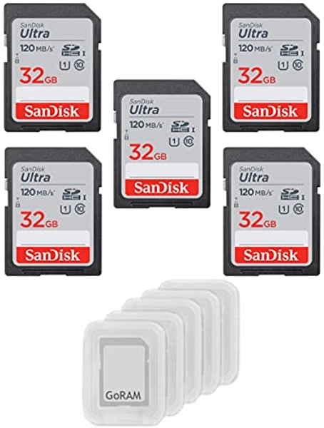SanDisk 32GB Ultra SDHC UHS-I Class 10 Memory Card 120MB/s U1, Full HD, SD Camera Card SDSDUN4-032G (5 Pack) Bundle with (5) GoRAM Plastic Cases