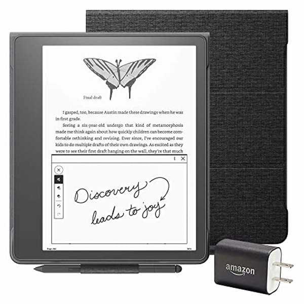 Kindle Scribe Essentials Bundle including Kindle Scribe (64 GB), Premium Pen, Fabric Folio Cover with Magnetic Attach - Black, and Power Adapter