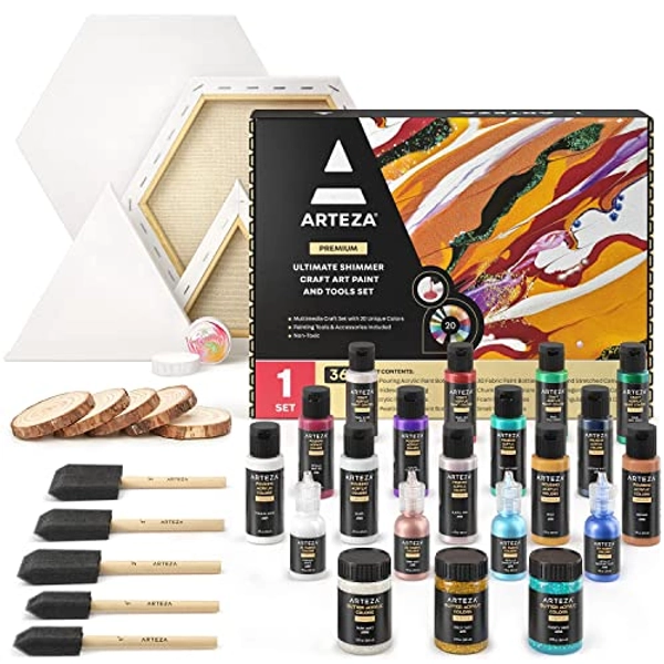 ARTEZA Acrylic Pouring Paint Kit, 36 Pieces, Bright and Iridescent Pouring Paint, Pearlized Paint, 3D Fabric Paint, Chunky Glitter, Wood Slices, Canvases, and Foam Brushes, Art Supplies for Painters