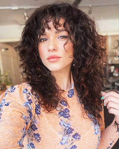 LONAI 23 Inch Brown Curly Wig with Bangs Long Vintage Hairstyle with Curly Fringe Synthetic Wig for Women Daily Use Party