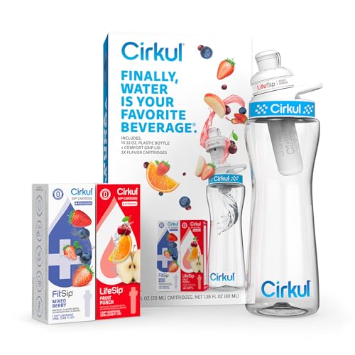 Cirkul Water Bottle + 2 Flavor Cartridge Starter Kit – 22 oz. BPA-Free Plastic Reusable Bottle & Blue Lid, LifeSip Fruit Punch w/ B-Vitamins, FitSip Mixed Berry w/ Electrolytes (Zero Calorie/No Sugar)