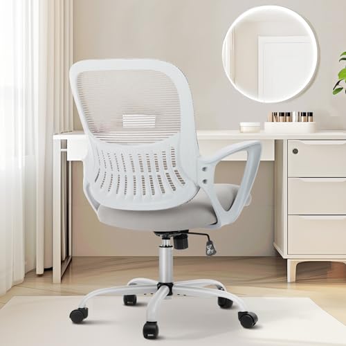 Sweetcrispy Office Computer Desk Managerial Executive Chair, Ergonomic Mid-Back Mesh Rolling Work Swivel Chairs with Wheels, Comfortable Lumbar Support, Comfy Arms for Home,Bedroom,Study,Student,Grey - Grey - Modern
