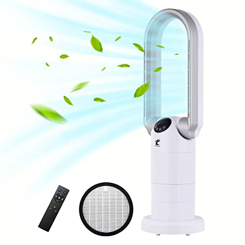 Ocean Loong Bladeless Tower Fan and Air Purifier in one, 120° Oscillating Bladeless Fan with Remote, Touch,Tilte Head, 9H Timer, Table Fans for Bedroom Home, 28W, AB01P (White) - White