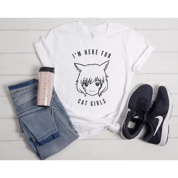 FFXIV Cat Girls T-Shirt | I&#39;m Here For Cat Girls | Anime Style Cat Girl | Shirt for Gamer
