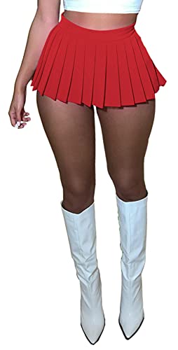 SEAUR Women’s Y2K Mini Skirt Girls Elastic High Waist Pleated Skirt Stretchy A-Line Skater Skirt Casual School Uniform Skorts Skirt - XL - Red