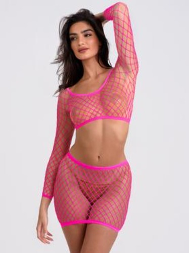 Viva Neon Pink Fishnet Top and Skirt Set