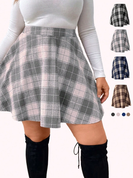 SHEIN Essnce Plus Size Color-block Plaid Mini Skirt