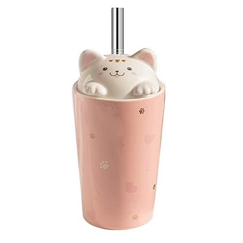 BigNoseDeer Cat Coffee Mug with Straw,Ceramic Travel Mug with 3D kitty Lid,Reusable Tall Cup for Tea, Milk,Bubble Tea,Coffee for Camping, Travel & Office Christmas Mug Gift 480ML (Pink) - Pink