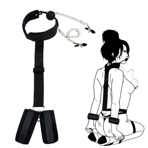 Sex Bondage BDSM Neck to Wrist Bondage Restraints Kit,Adjustable Behind Back Handcuffs Collar Anti-Collar Bondage Sex Toys SM Adult Games Gear Sex Slave Set with Ball Gag & Nipple Clamps by HBABY