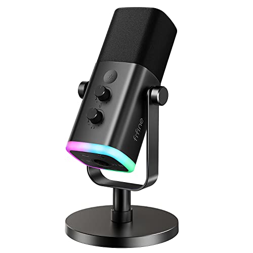 FIFINE XLR/USB Dynamic Microphone for Podcast Recording, PC Computer Gaming Streaming Mic with RGB Light, Mute Button, Headphones Jack, Desktop Stand, Vocal Mic for Singing YouTube-AmpliGame AM8 - Black
