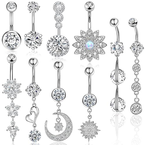 Belly Button Piercing Ring for Women Girls, 10 PCS 14G Surgical Steel Belly Button Rings Barbell Jewelry Rings Bulk for Body Piercing with Long Bar Dangle Curved Navel Rings, Flower Belly Button Rings, Heart Belly Ring