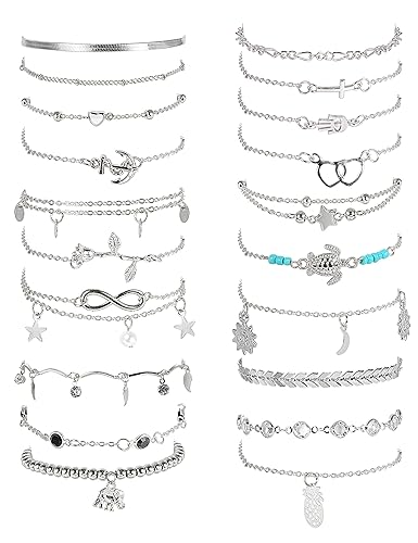 Thunaraz 20Pcs Ankle Bracelets for Women Silver/Gold Beach Anklets Set Adjustable Surfer Anklet Heart Star Turtle Infinite Anklets Foot Jewelry - A-sliver Tone