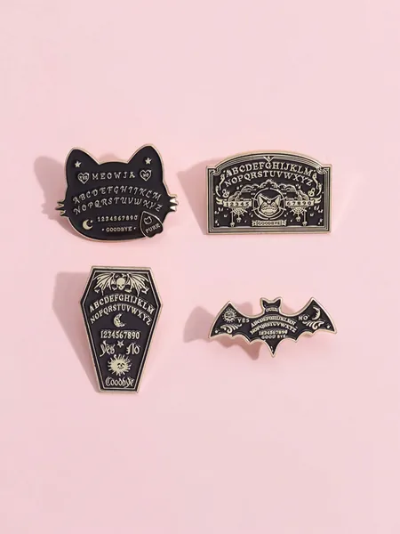 4pcs/set Gold-color Witchcraft-themed Brooches Including Cat, Bat, Coffin-shaped & Ouija Board Shaped, Suitable For Daily Wear For Men And Women