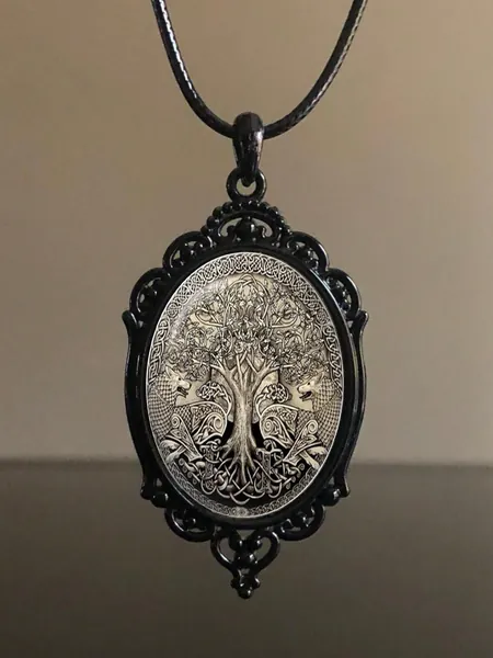 1pc Gothic Mythical World Tree Glass Framed Wax Cord Leather Necklace, Suitable For Women's Daily Wear, 45+5cm Chain