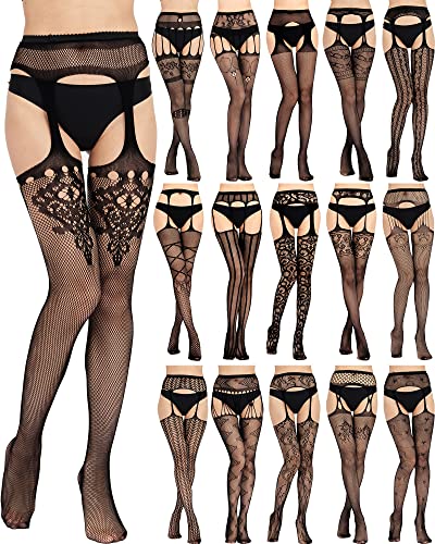 Yahenda 16 Pairs Halloween Women Fishnet Stockings High Waist Gothic Tights Fish Net Stockings Suspender Garter Pantyhose for Women Thigh High Fishnets Stockings, 16 Styles