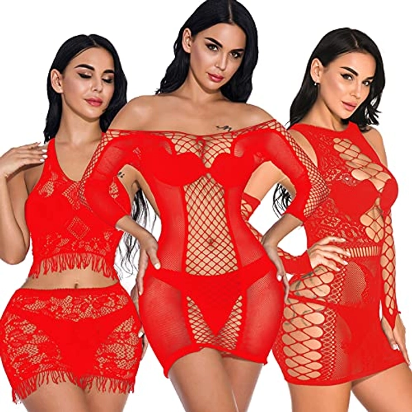 QuneusHot 3pcs Sexy Women Fishnet Dress Camisole Babydoll Lingerie Nightgowns Chemise Nightwear Sleepwear
