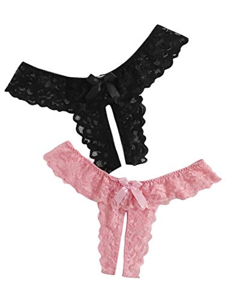 Floerns Women's Plus Size 2 Pack Lace Seamless V-Strings Thong Panties Set