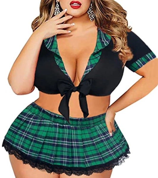 Avidlove Sexy Lingerie for Women Plus Size School Girl Lingerie Role Playing Outfit with Tie Top and Mini Pleated Skirt