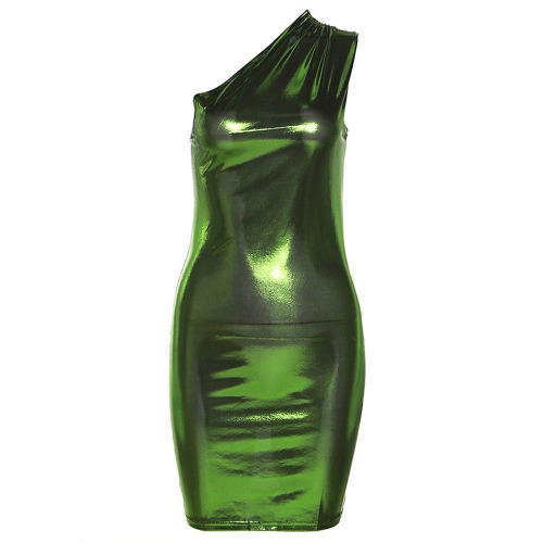 Amorino Metallic Mini Dress: Sleek One Shoulder Cocktail Dress. - Green / S