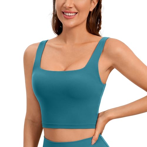 CRZ YOGA Butterluxe Womens Square Neck Longline Sports Bra - Workout Crop Tank Tops Padded with Built in Shelf Yoga Bra - Small - Borealis Green