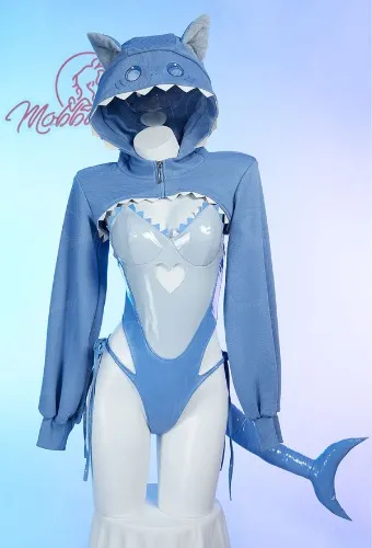 Sexy Lingerie Set Kawaii Cat Shark Cutout Bodysuit with Crop Hoodie and Tail