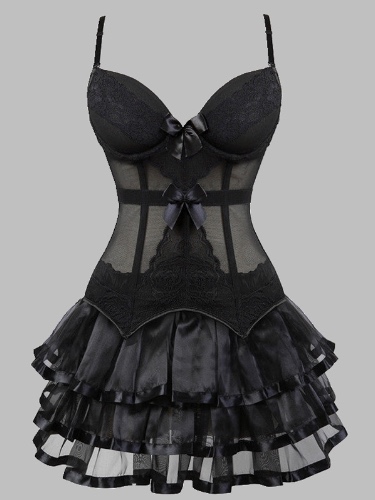 Gothic Dark Tiered Spaghetti Plunging Neck Bowknot See Through Mini Dress