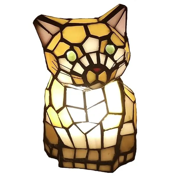 Bieye L10211 Cute Cat Waits for Someone to Play with Tiffany Style Stained Glass Accent Table Lamp Night Light for Home Decoration (One Cat, Yellow)