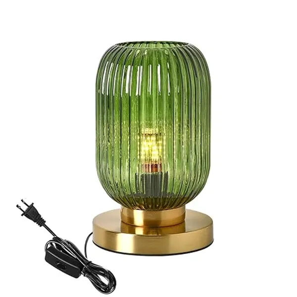 Auwieou Glass Table Lamps Mid Century Modern Globe Table lamp Gold Desk lamp nightstand lamp with Green Pumpkin Design Ribbed Glass Bedside Table Lamp for Bedroom Living Room Office