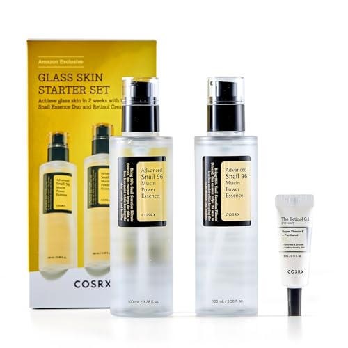 COSRX Glass Skin Starter Set, Advanced Snail 96 Mucin Power Essence (3.38 fl.oz*2) & Retinol 0.1 Cream Mini (0.1 oz), Daily Hydrating & Firming Skincare Kit for Beginners, Gift Set, Korean Skincare