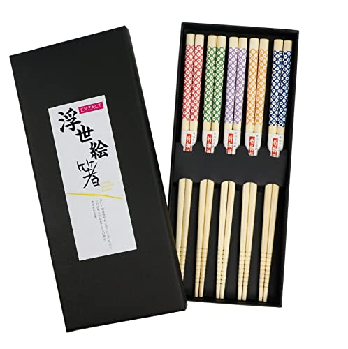 Exzact Chopsticks Gift Set - 5 Pairs of Reusable Natural Bamboo Chopsticks in a Beautiful Black Handmade Box - Decorated Japanese Style - Mixed Colours