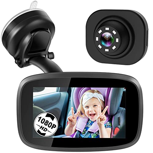 1080P Baby Car Mirror, Shybaby 4.3'' Baby Car Camera Monitor 170° Wide View, HD Night Vision Function and Reusable Sucker Bracket, Safety Rear Facing Car Set Camera Infants Kids Toddlers Black - Black