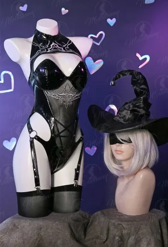 2B Derivative Witch Style Sexy Lingerie Halloween Bodysuit and Cloak with Hat and Thigh Socks for Halloween