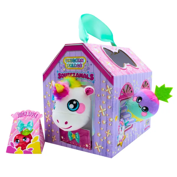 Squeezamals Unicorn Palace - Rainbow Unicorn Stable Playset with a Palace Stable and Food Accessory to Nibble on! (4pc total)