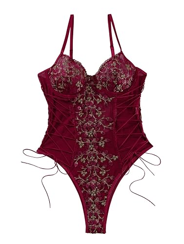Lilosy Women Sexy Lace Up Floral Embroidered Teddy Lingerie Bodysuit Top Mesh Sheer One Piece - XX-Large - Burgundy