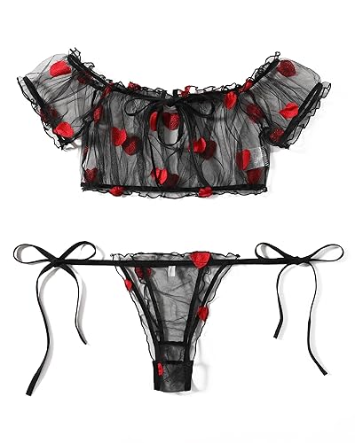 Avidlove Bra and Panty Set Ruffle Lingerie Set Mesh Babydoll Chemise - X-Large - Red Heart