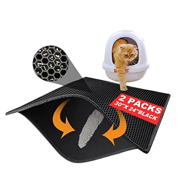 Pieviev 2 Packs Cat Litter Mat Double Layer Waterproof Urine Proof Trapping Mat (30''X24'', Black)