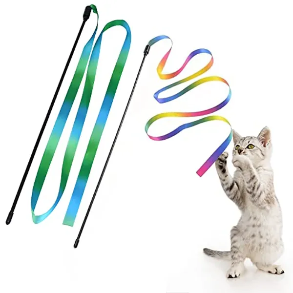 LASOCUHOO Interactive Cat Rainbow Wand Toys, Interactive Cat Teaser Wand String, Colorful Ribbon Charmer for Most Cats and Kittens - 2 PCS