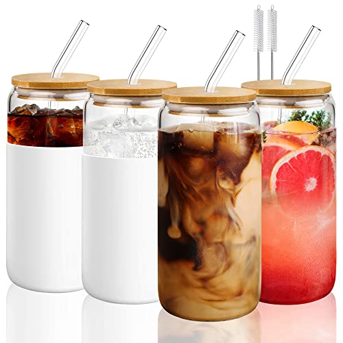 16oz Glass Tumblers with Bamboo Lids & Straws, Set of 4 - Reusable for Iced Coffee, Beer, Smoothies