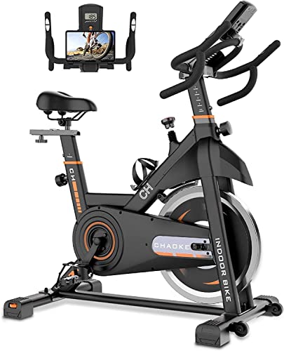 Exercise Bike, CHAOKE Stationary Bike with Heavy Flywheel, Comfortable Seat Cushion, Silent Belt Drive Indoor Cycling Bike, iPad Holder and LCD Monitor for Home Gym Cardio Workout Training - Orange