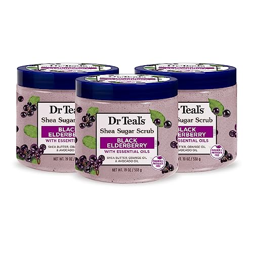 Dr Teal's Shea Sugar Body Scrub, Black Elderberry with Essential Oils, 19 oz (Pack of 3) (Packaging May Vary) - Black Elderberry with Essential Oils