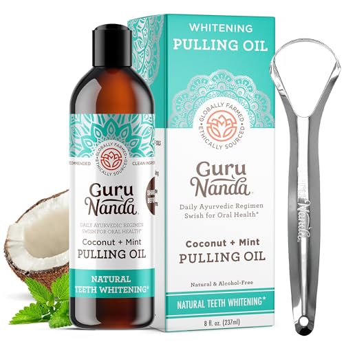 GuruNanda Coconut & Peppermint Oil Pulling (8 Fl.Oz) with Tongue Scraper - Alcohol Free Mouthwash for Fresh Breath, White Teeth & Healthy Teeth & Gums - 8 Fl Oz (Pack of 1)