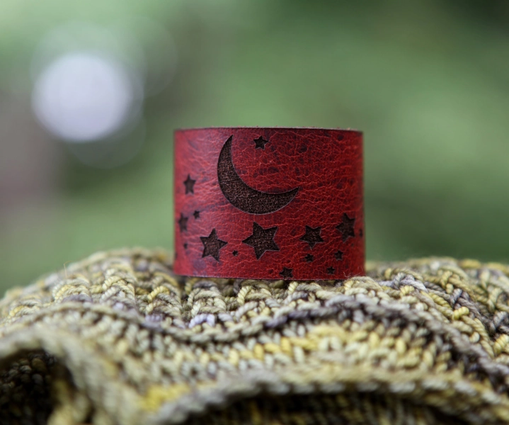 Stars and Moon Shawl Cuff, made from leather with a bronze stud. Great for holding your knitted and crocheted scarves, shawls and cowls.