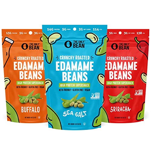 The Only Bean Crunchy Dry Roasted Edamame Beans (Variety Pack), Low Carb Keto Healthy Snacks For Adults and Kids, Low Calorie Snack, Fiber Protein Snacks, Snack for Weight Loss Diabetic, 4 oz (3 Pack) - # Variety (Sea Salt, Sriracha, Buffalo) - 4 Ounce (Pack of 3)
